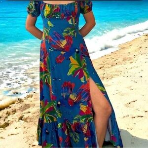 House Of Harlow 1960 Dress S Blue Red Tropical Parrots Beachy Coastal Milkmaid